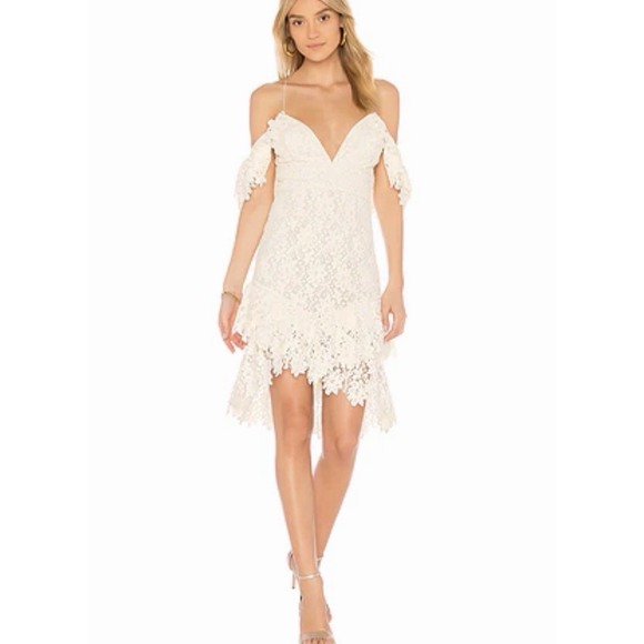 SAYLOR Dresses & Skirts - Saylor Dana Dress in White Cream Coated Lace Off the Shoukder Ruffled Size M
